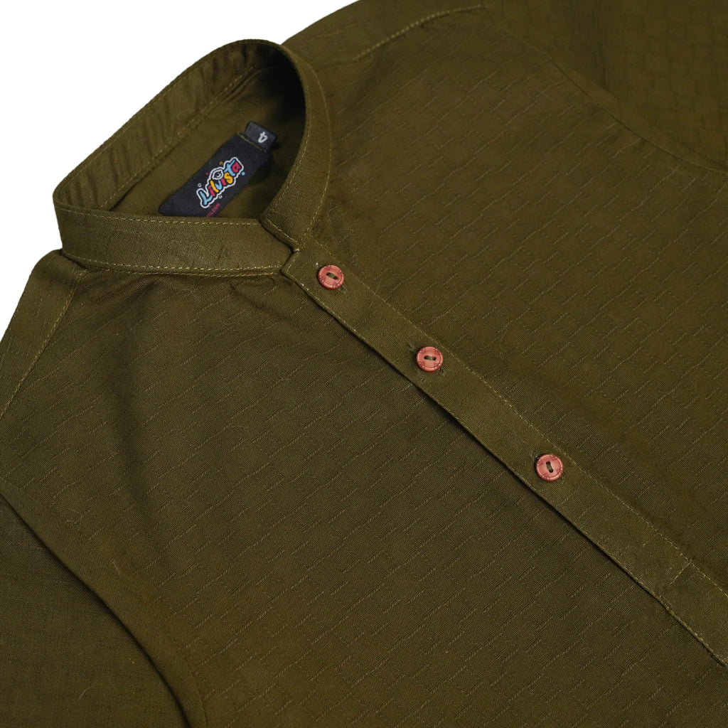 Olive Jacquard Kurta with White Trousers – Stylish & Elegant Kids' Traditional Wear