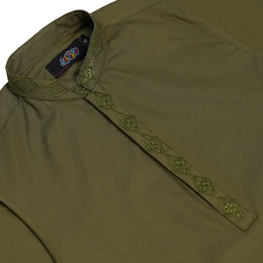 OLIVE EMBRIODED KURTA WITH WHITE TROUSER