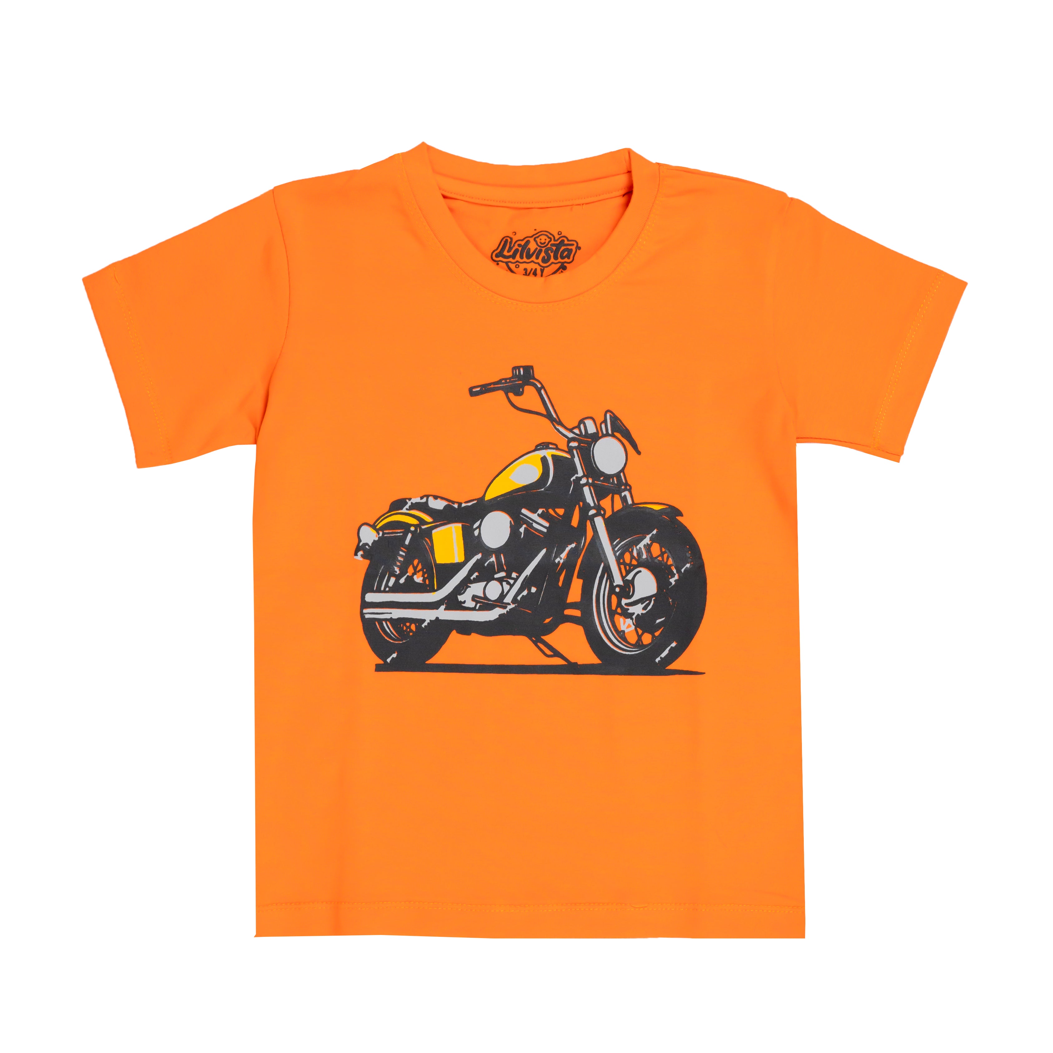 Motor Bike Printed T-Shirt – Fun Orange Cotton Tee for Playful Days
