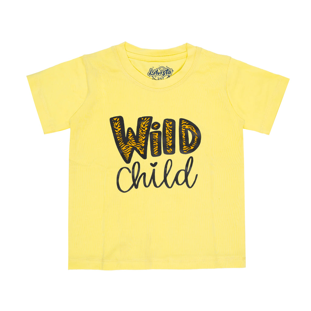 Wild Child Printed T-Shirt – Yellow, 95% Cotton, 5% Spandex, Short Sleeve