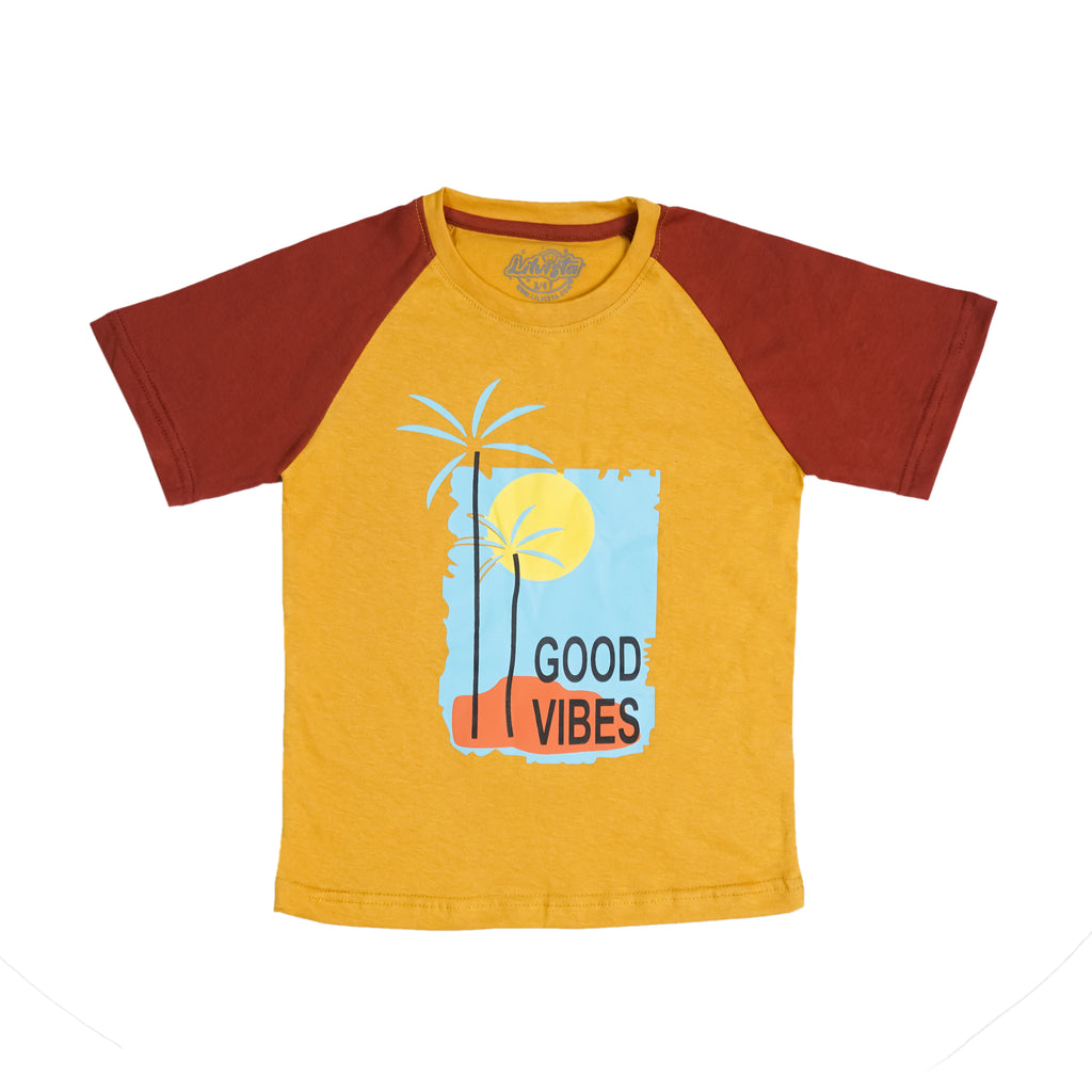 Good Vibes Raglan T-Shirt – Mustard Cotton Tee for Everyday Comfort