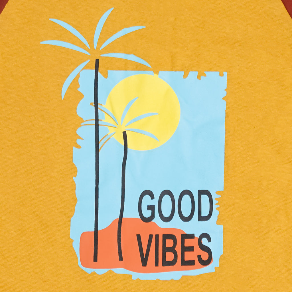 Good Vibes Raglan T-Shirt – Mustard Cotton Tee for Everyday Comfort