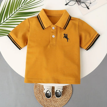 Boys' Summer Polo Shirt – Embroidered Horse Design, Casual Short Sleeve, Color Block, Breathable Polyester, Machine Washable