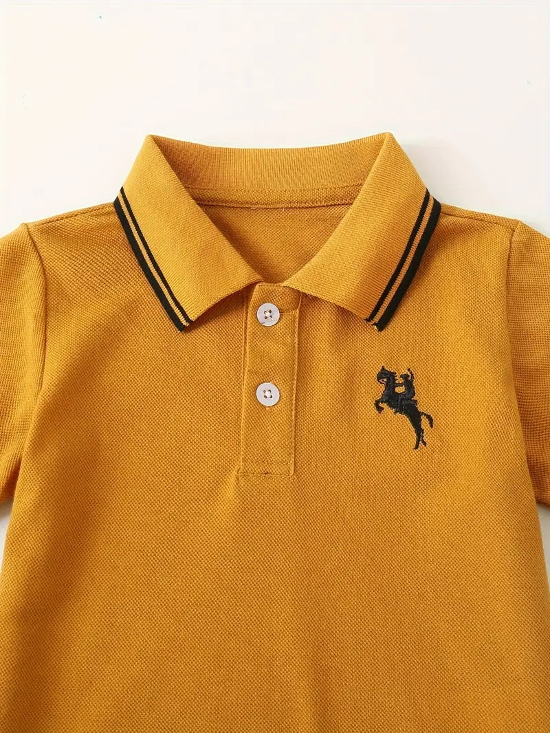 Boys' Summer Polo Shirt – Embroidered Horse Design, Casual Short Sleeve, Color Block, Breathable Polyester, Machine Washable